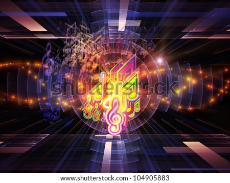 Arrangement of musical notes, perspective fractal grids, lights, wave and sine patterns on the subject of music, sound equipment and processing, audio performance and entertainment