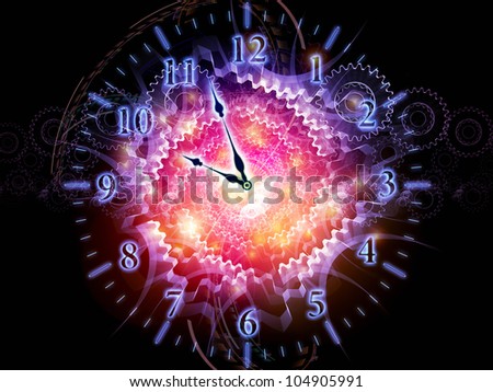 Interplay of clock hands, gears, lights and abstract design elements on the subject of time sensitive issues, deadlines, scheduling, temporal processes, past, present and future