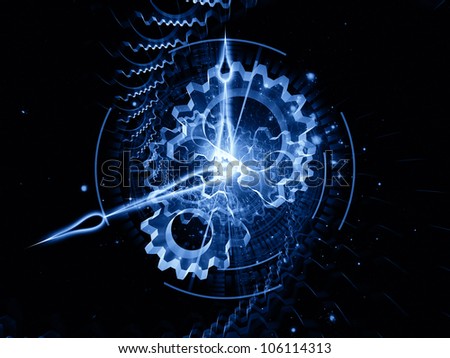 Composition of clock hands, gears, lights and abstract design elements on the subject of time sensitive issues, deadlines, scheduling, temporal processes, past, present and future