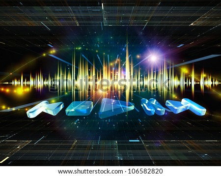 Composition of player controls, perspective fractal grids, lights, wave and sine patterns on the subject of music, sound equipment and processing, audio performance and entertainment