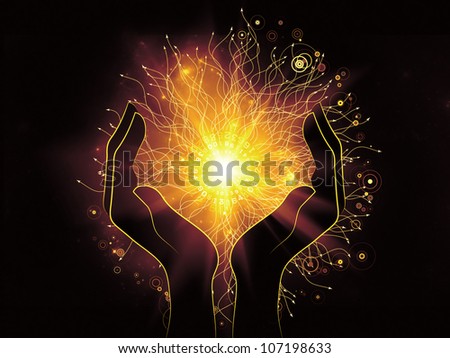 Composition of human hands, technological design and light on the subject of energy, science and technology