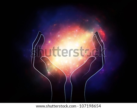 Design composed of human hands holding  light as a metaphor on the subject of energy, science, knowledge and technology