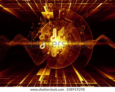 Abstract design made of musical notes, perspective fractal grids, lights, wave and sine patterns on the subject of music, sound equipment and processing, audio performance and entertainment