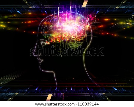 Abstract design made of head outlines, lights and abstract design elements on the subject of intelligence,  consciousness, logical thinking, mental processes and brain power
