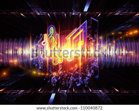 Background design of musical notes, perspective fractal grids, lights, wave and sine patterns on the subject of music, sound equipment and processing, audio performance and entertainment