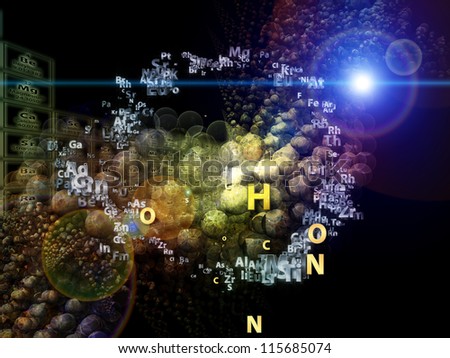 Abstract arrangement of chemical icons, fractal graphics and design elements suitable as background for projects on chemistry, biology, pharmacology and modern science