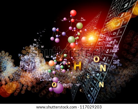 Artistic background made of chemical icons, fractal graphics and design elements for use with projects on chemistry, biology, pharmacology and modern science