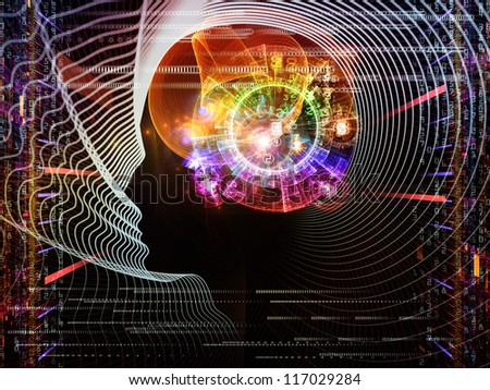 Composition of human head and fractal grids on the subject of science, technology and intelligent life in the Universe