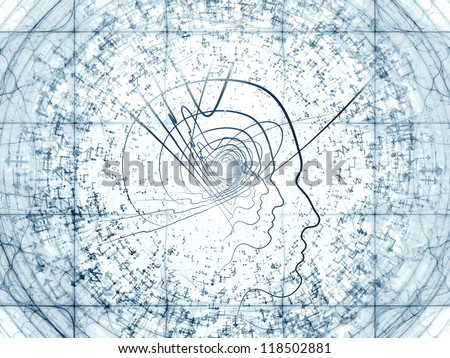 Backdrop of human head and fractal grids on the subject of science, technology and intelligent life in the Universe