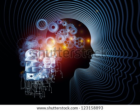 Arrangement of human profile, gears and technology icons on the subject of information processing