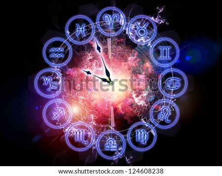 Design composed of Zodiac symbols, gears, lights and abstract design elements as a metaphor on the subject of astrology, child birth, fate, destiny, future, prophecy, horoscope and occult beliefs