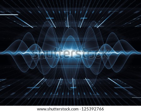 Backdrop on the subject of modern technologies, science of energy, signal processing, music and entertainment composed of perspective fractal grids, lights, mathematical wave and sine patterns