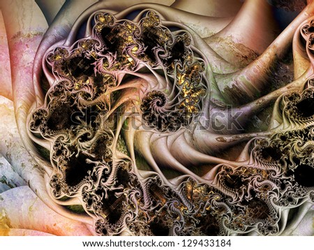 Interplay of dimensional fractal spirals and textures on the subject of art, science and technology