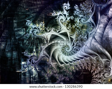 Abstract design made of dimensional fractal spirals and textures on the subject of art, science and technology