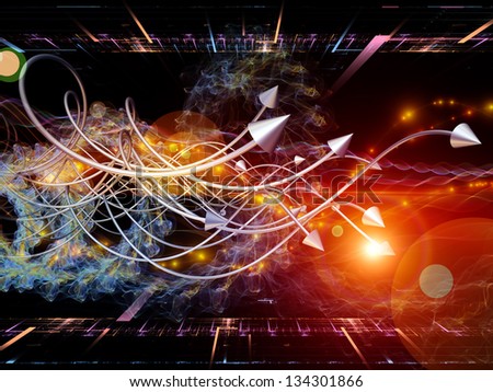 Interplay of arrows and directional abstract forms on the subject of science, virtual technologies and telecommunications