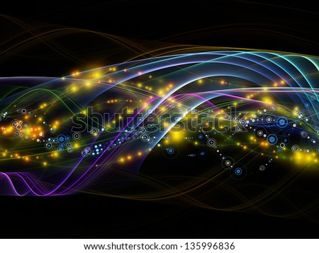 Backdrop design of lights, fractal and custom design elements to provide supporting composition for works on network, technology and motion