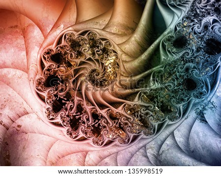 Abstract design made of dimensional fractal spirals and textures on the subject of art, science and technology