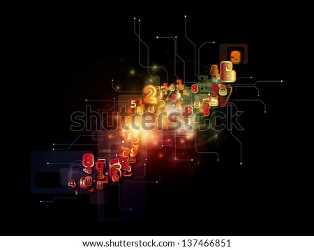 Arrangement of symbols, lights, fractal elements on the subject of digital communications, science and virtual cloud technology