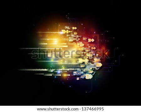 Interplay of symbols, lights, fractal elements on the subject of digital communications, science and virtual cloud technology
