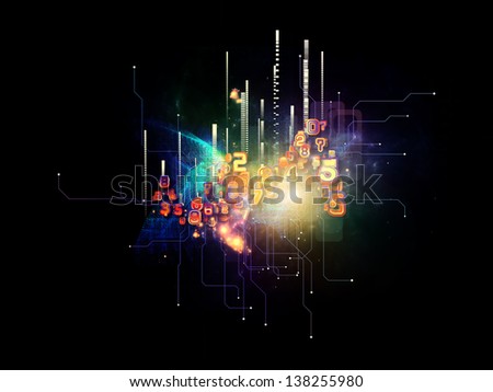 Backdrop of symbols, lights, fractal elements on the subject of digital communications, science and virtual cloud technology