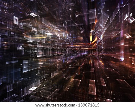 Fractal City series. Arrangement of three dimensional fractal structures and lights on the subject of technology, communications, education and science