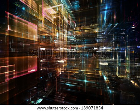 Fractal City series. Creative arrangement of three dimensional fractal structures and lights to act as complimentary graphic for subject of technology, communications, education and science