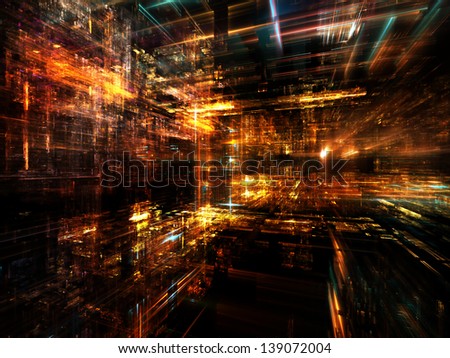 Fractal City series. Backdrop composed of three dimensional fractal structures and lights and suitable for use in the projects on technology, communications, education and science