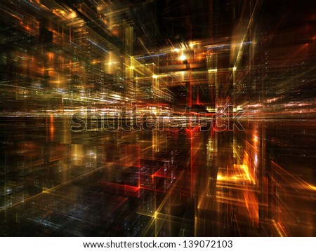 Fractal City series. Backdrop design of three dimensional fractal structures and lights to provide supporting element for illustrations on technology, communications, education and science