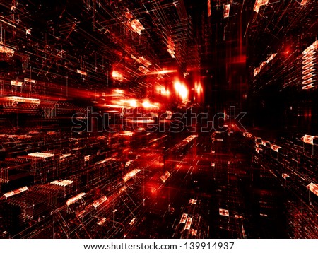 Fractal City series. Background design of three dimensional fractal structures and lights on the subject of technology, communications, education and science