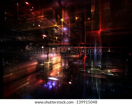 Fractal City series. Abstract composition of three dimensional fractal structures and lights suitable as design element in projects on technology, communications, education and science