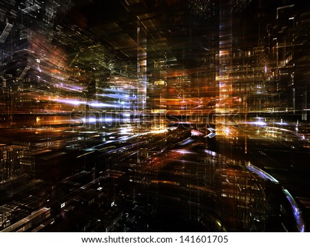 Fractal City series. Visually attractive backdrop made of three dimensional fractal structures and lights suitable as element for layouts on technology, communications, education and science