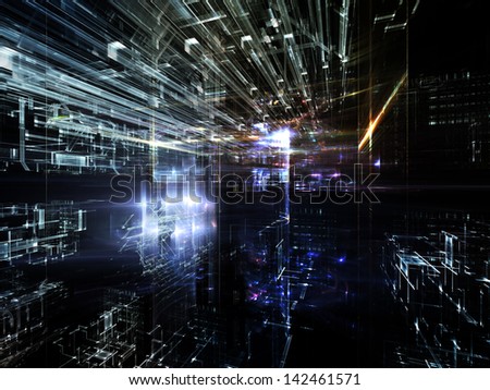 Fractal City series. Composition of three dimensional fractal structures and lights with metaphorical relationship to technology, communications, education and science