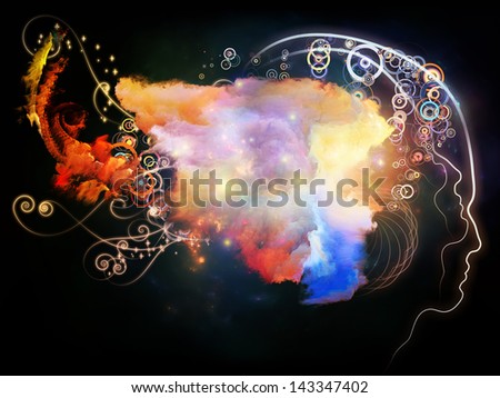 Background design of a human profile and fractal elements on the subject of design, imagination and creativity