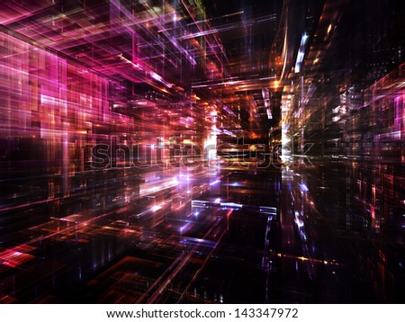 Fractal City series. Abstract composition of three dimensional fractal structures and lights suitable as design element in projects on technology, communications, education and science