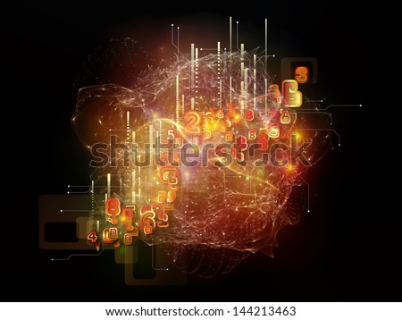 Composition of symbols, lights, fractal elements suitable as a backdrop for the projects on digital communications, science and virtual cloud technology