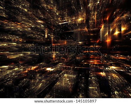 Fractal City series. Visually attractive backdrop made of three dimensional fractal structures and lights suitable as element for layouts on technology, communications, education and science
