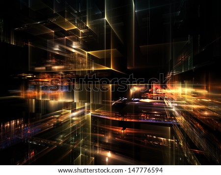 Fractal City series. Graphic composition of three dimensional fractal structures and lights to serve as complimentary backdrop in designs on  technology, communications, education and science