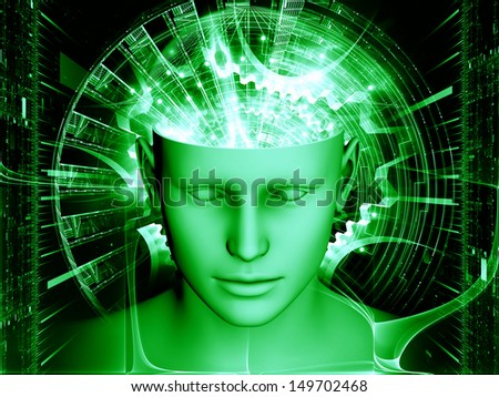 Artistic background made of human head and symbolic elements for use with projects on human mind, consciousness, imagination, science and creativity