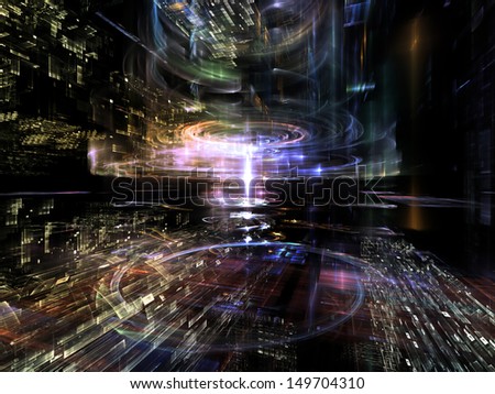 Fractal City series. Creative arrangement of three dimensional fractal structures and lights to act as complimentary graphic for subject of technology, communications, education and science