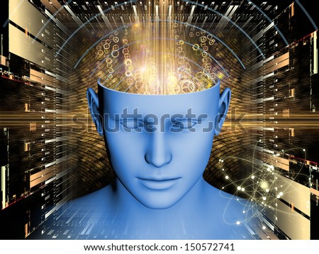 Composition of human head and symbolic elements suitable as a backdrop for the projects on human mind, consciousness, imagination, science and creativity