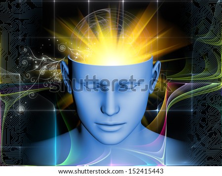 Artistic background made of human head and symbolic elements for use with projects on human mind, consciousness, imagination, science and creativity