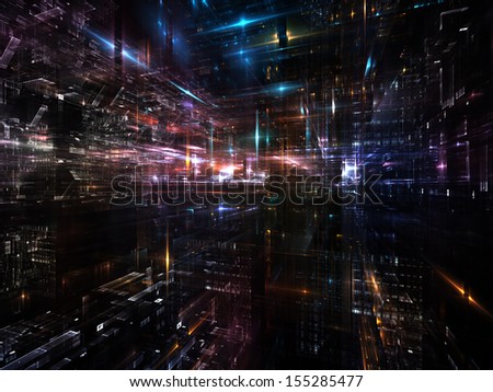 Fractal City series. Creative arrangement of three dimensional fractal structures and lights as a concept metaphor on subject of technology, communications, education and science