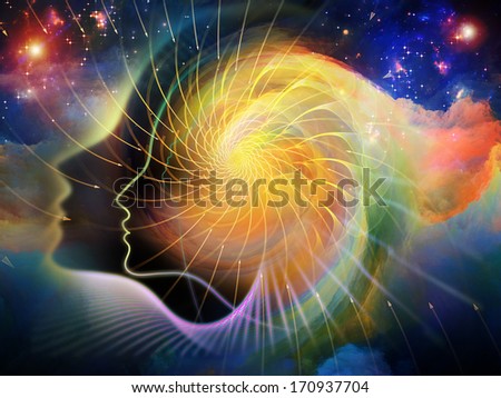 Geometry of the Soul series two. Background design of human profile and abstract elements on the subject of spirituality, science, creativity and the mind