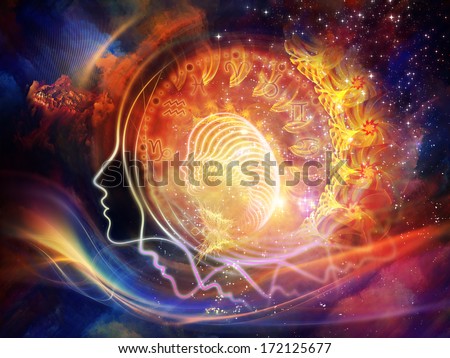 Geometry of the Soul series two. Background design of human profile and abstract elements on the subject of spirituality, science, creativity and the mind