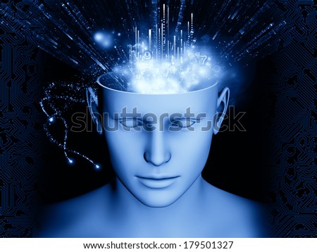 Design composed of human head and symbolic elements as a metaphor on the subject of human mind, consciousness, imagination, science and creativity