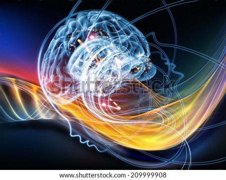 Human Mind series. Composition of brain, human outlines and fractal elements on the subject of technology, science, education and human mind