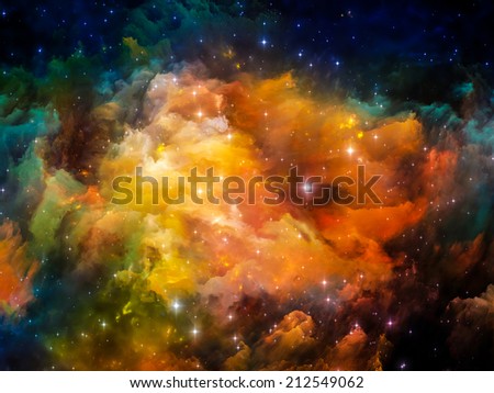Colors in Space series. Arrangement of colorful clouds and space elements on the subject of art, creativity, imagination, science and design