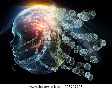 Next Generation AI series. Composition of fusion of human head and fractal shape with metaphorical relationship to mind, consciousness and spirituality