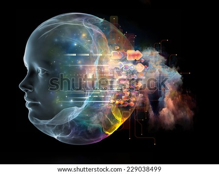 Next Generation AI series. Abstract design made of fusion of human head and fractal shape on the subject of mind, consciousness and spirituality