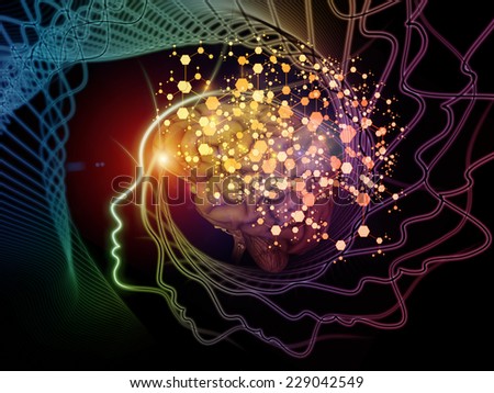Human Mind series. Creative arrangement of brain, human outlines and fractal elements to act as complimentary graphic for subject of technology, science, education and human mind